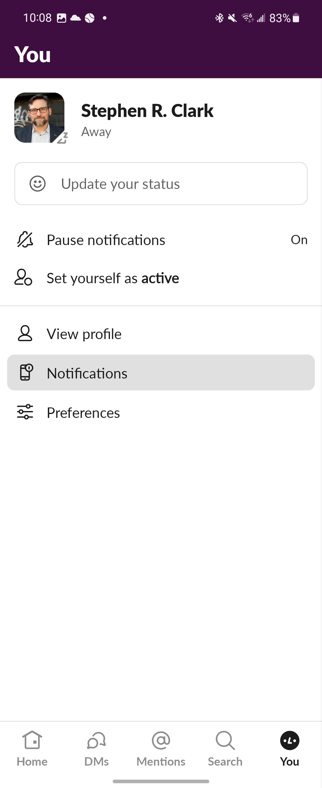 You menu in the Slack app with Notifications selected