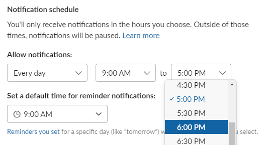 Slack for desktop setting notifications to end at 6:00 pm