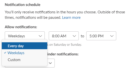 Slack for desktop selecting Every day in Notification schedule settings