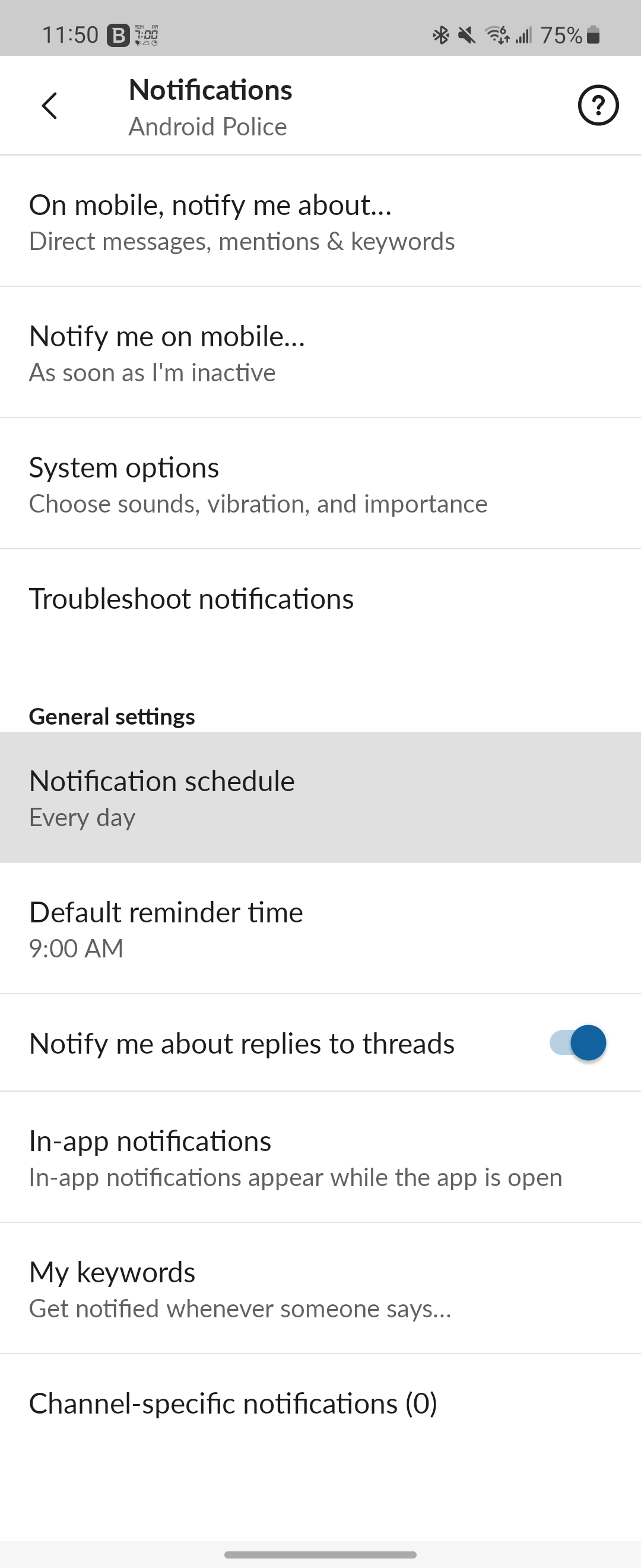 Slack notification settings page with Notification schedule highlighted
