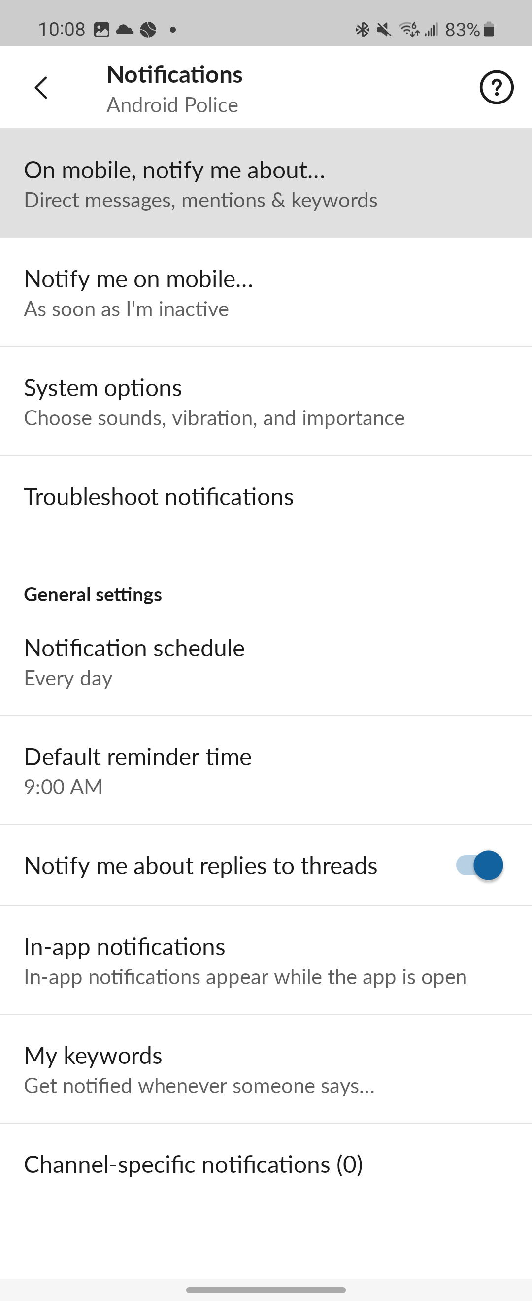 Slack Notifications settings with On mobile, notify me about... highlighted