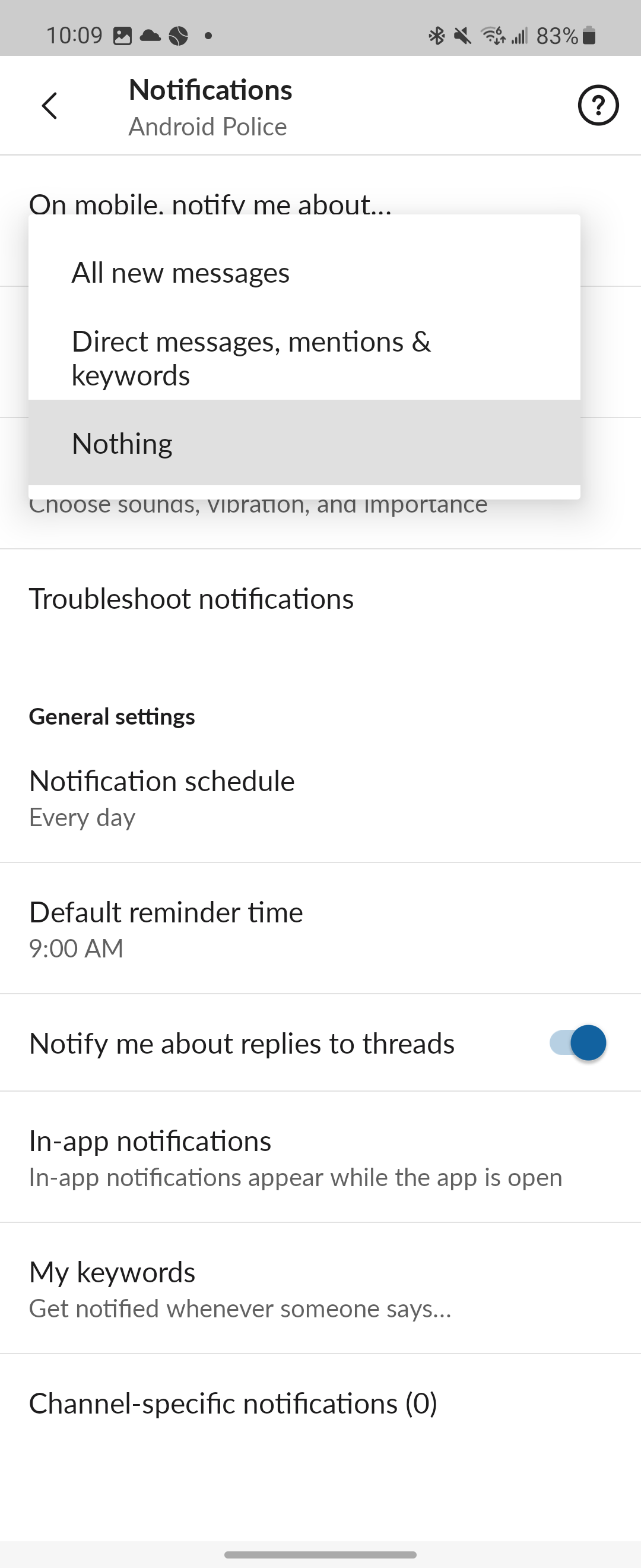 Slack notifications settings submenu with Nothing highlighted