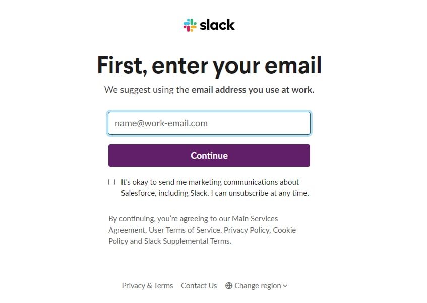 Slack sign in webpage on Chrome browser