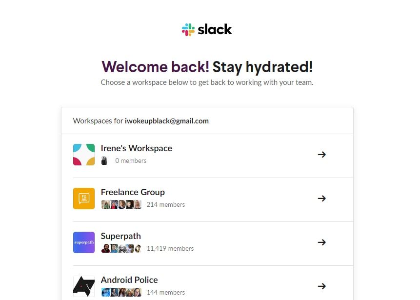 Welcome back web page on the Slack website