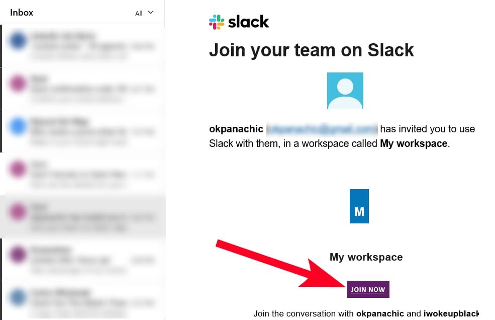 Slack workspace email invitation