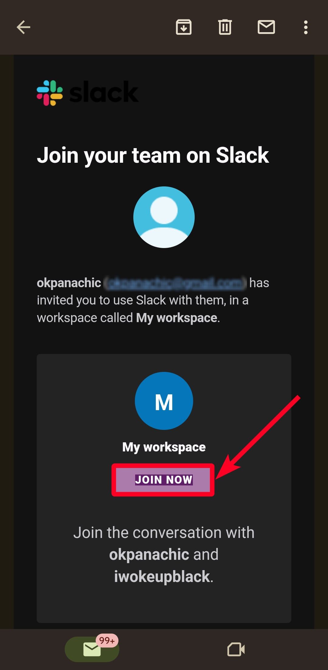 Invitation to a Slack workspace in the Gmail mobile app