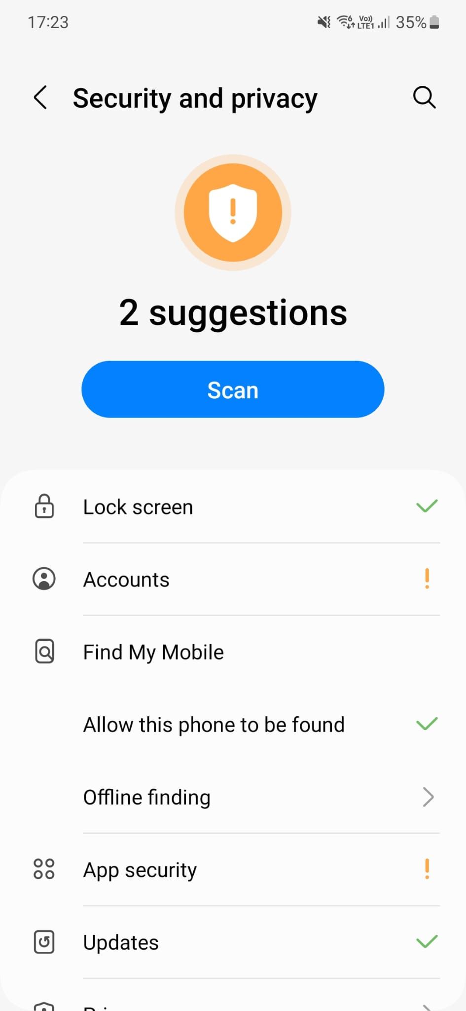 A screenshot of the Samsung Security and Privacy settings.