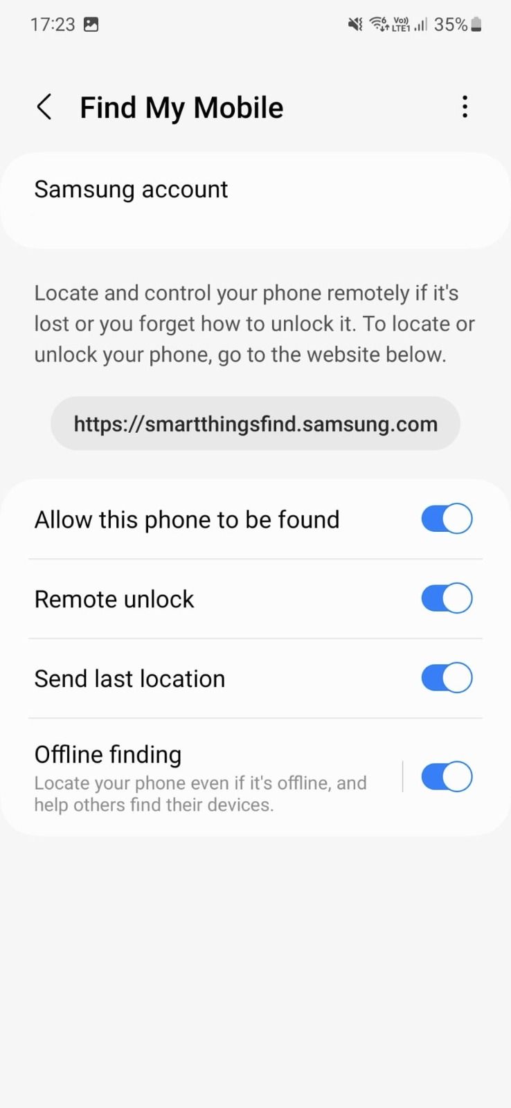 A screenshot of the SmartThings Find settings.