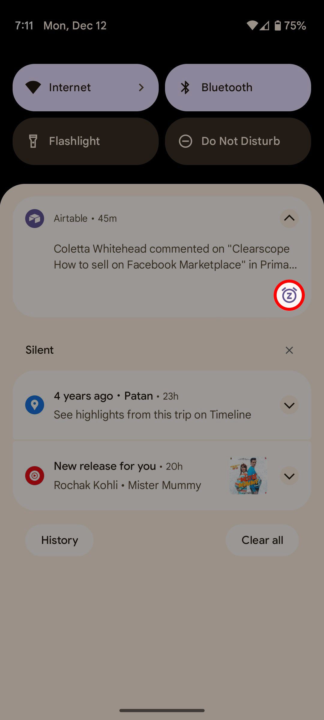 Android snooze notifications button