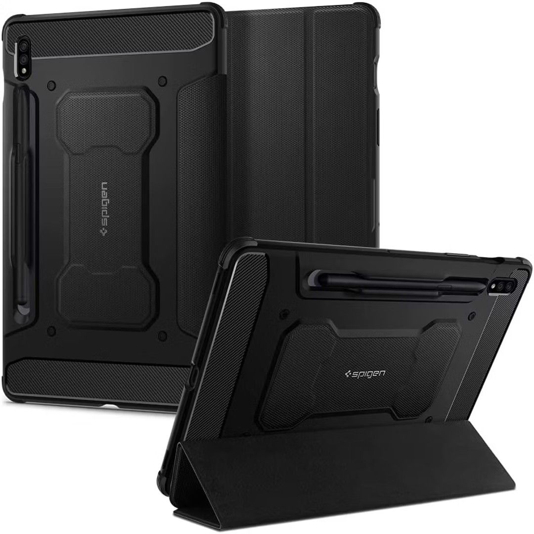 Spigen Rugged Armor Pro Galaxy Tab S8 Case, front, back, and kickstand views