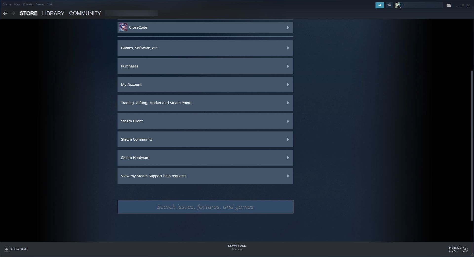 Cuplikan layar menu bantuan Steam di aplikasi desktop Steam