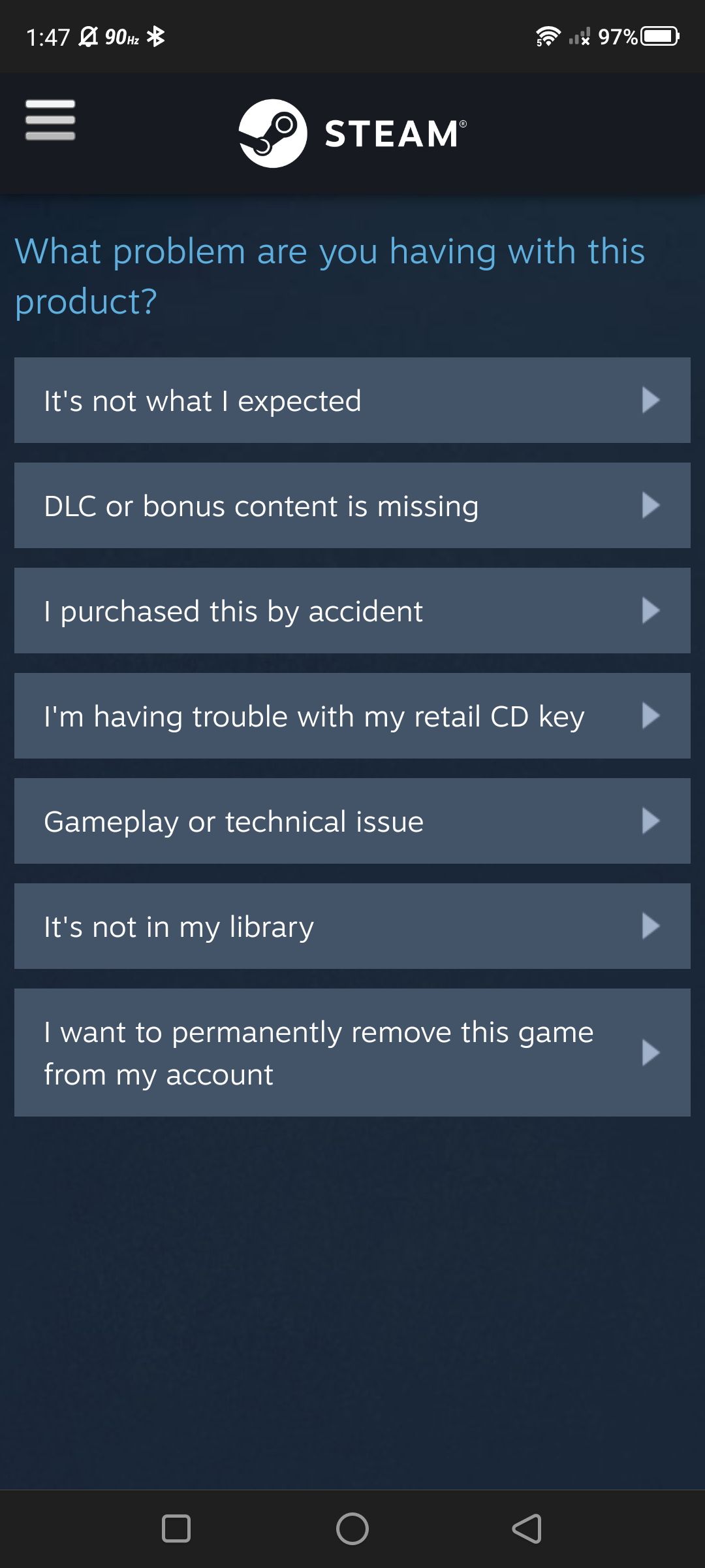 Cuplikan layar daftar masalah produk untuk game Steam Anda (browser web seluler)