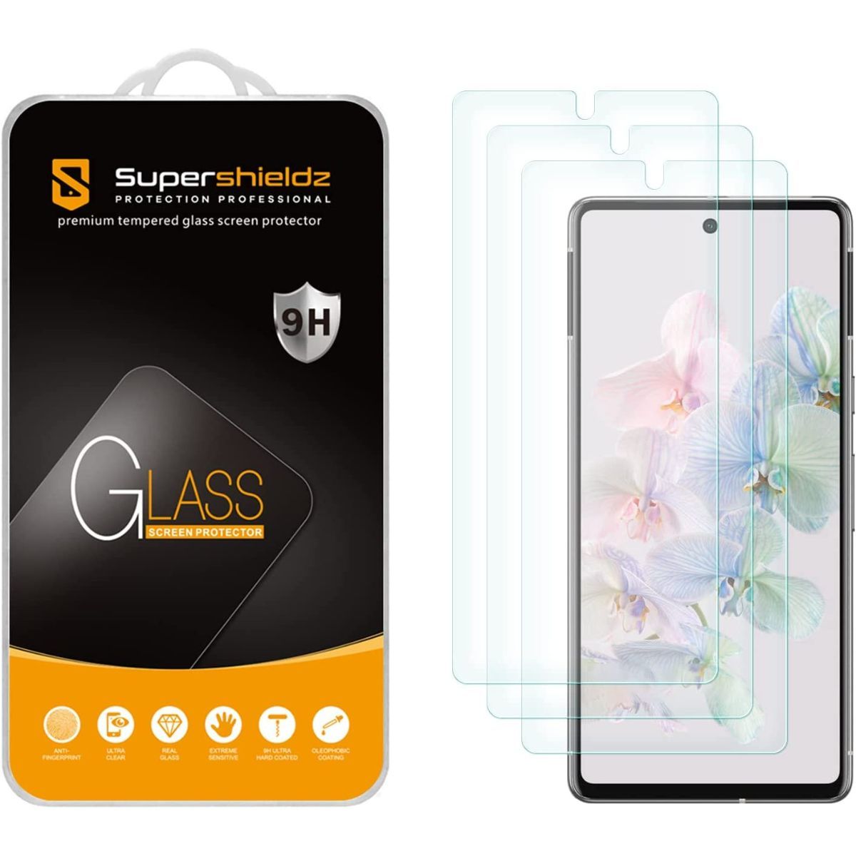 Supershieldz Tempered Glass screen protectors for Pixel 7 beside packaging 