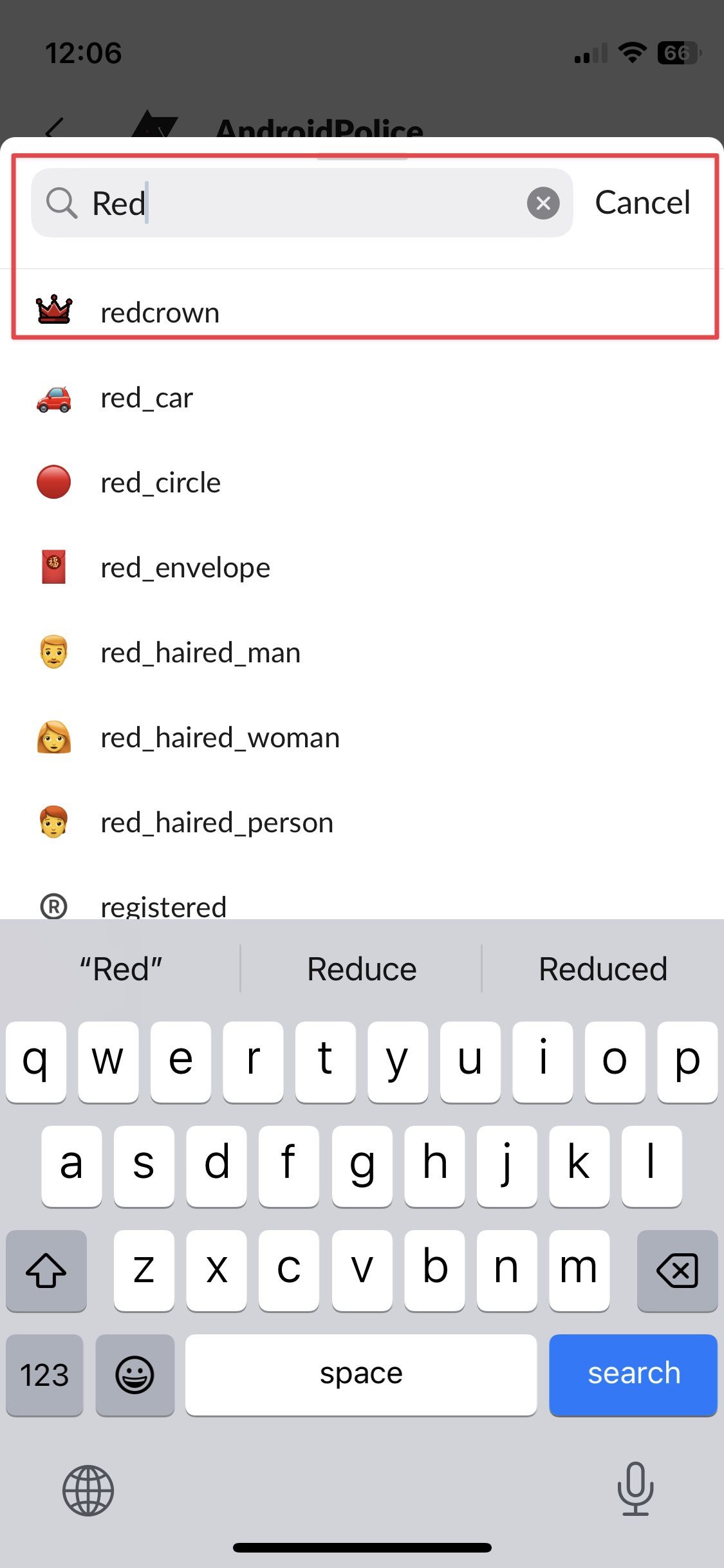 A screenshot displaying a search box located at the top of the page, with the word 'Red' entered into the search field.