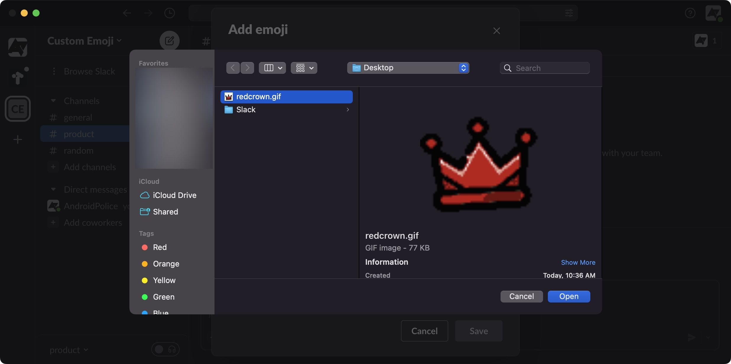 A file finder window from the Mac ecosystem, displaying a variety of files. Among these, a red crown GIF is highlighted, indicating it has been selected for uploading as a custom emoji.