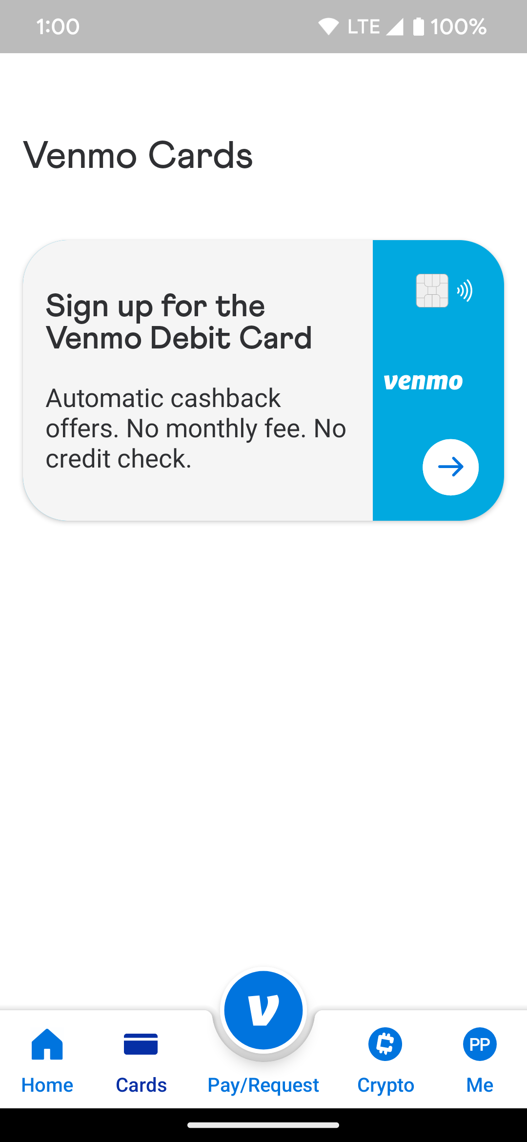 The main Cards page in the Venmo app