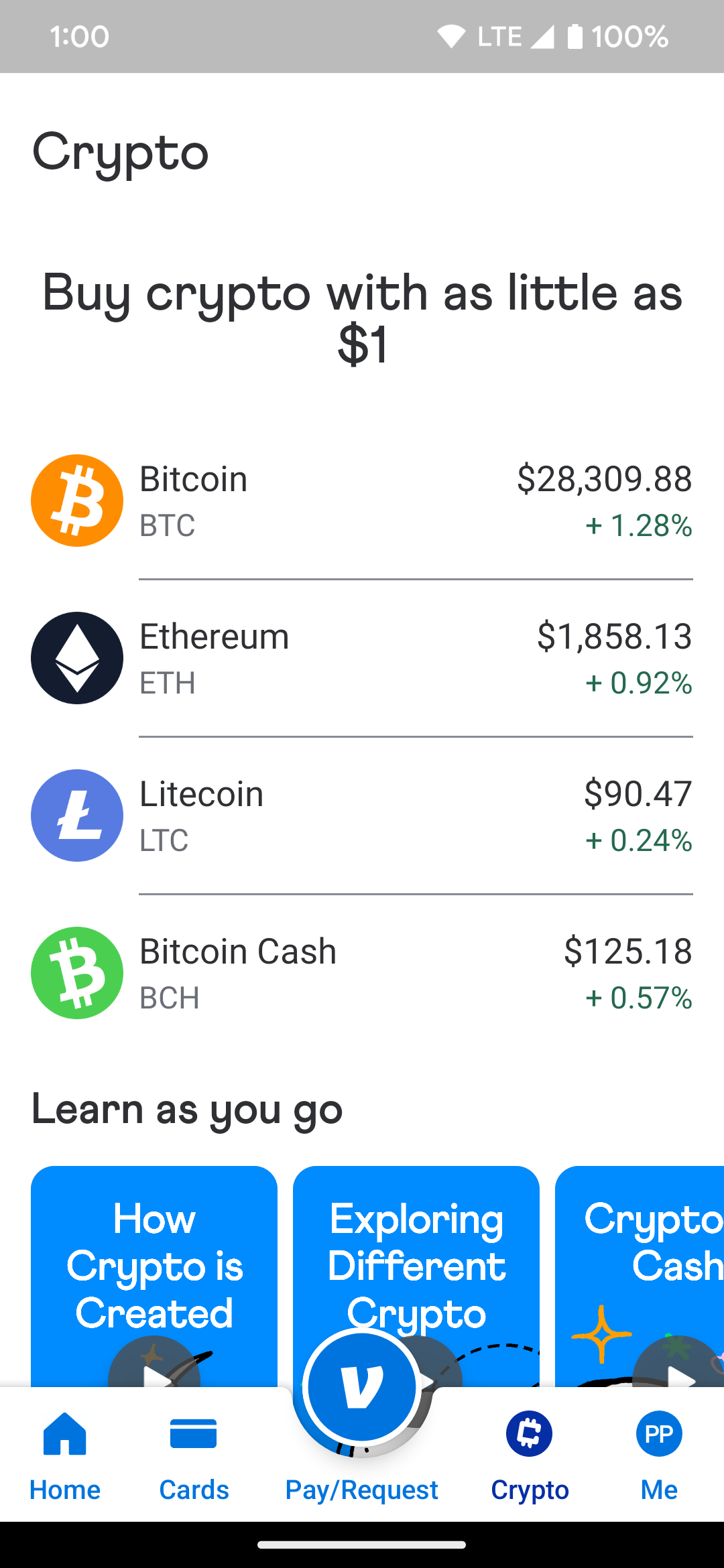 The main Crypto page in the Venmo app