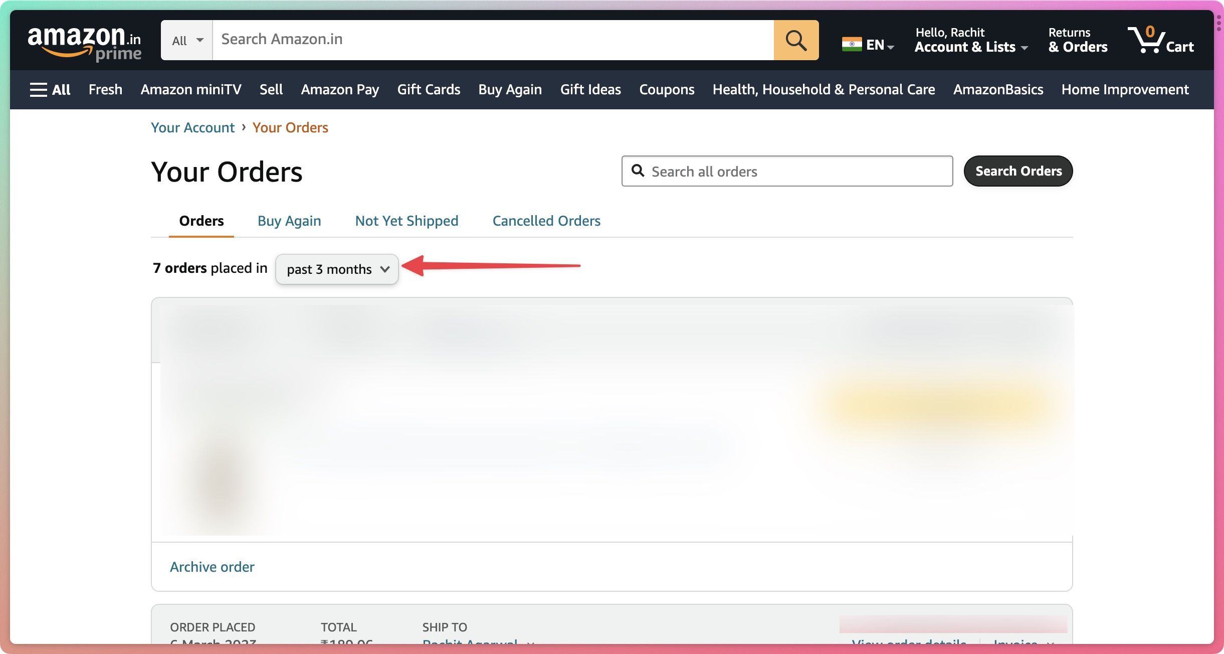 Captura de tela da página do histórico de pedidos da Amazon