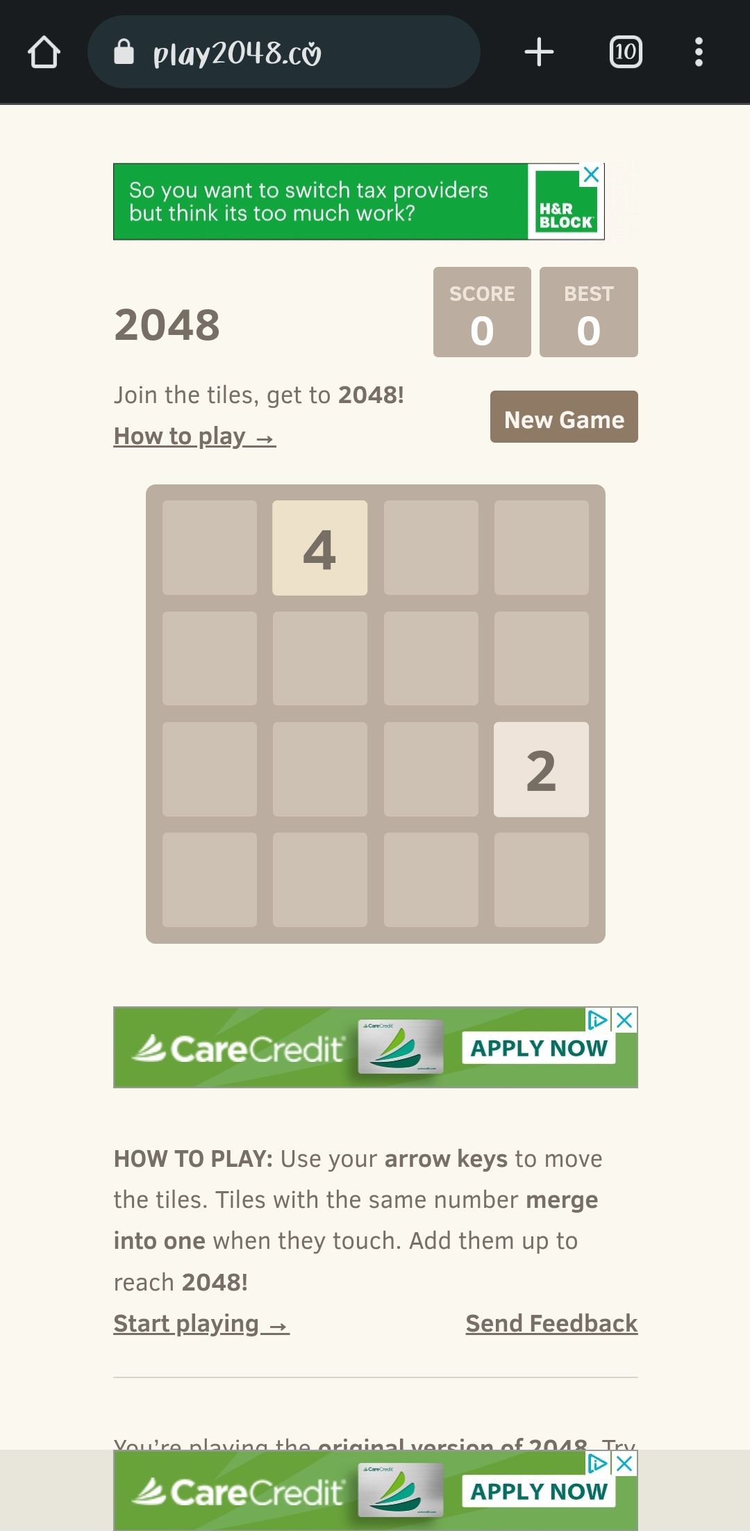 Screenshot of web-based mobile game 2048 gameplay.