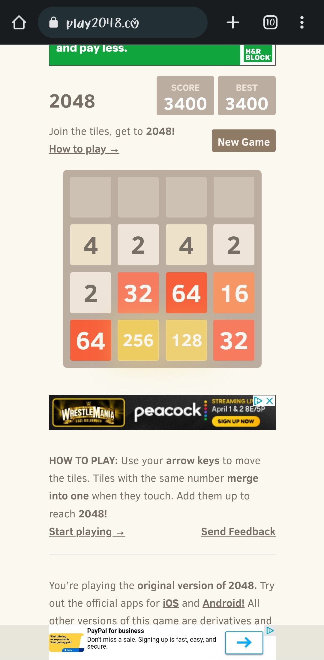 Screenshot of web-based mobile game 2048 gameplay.