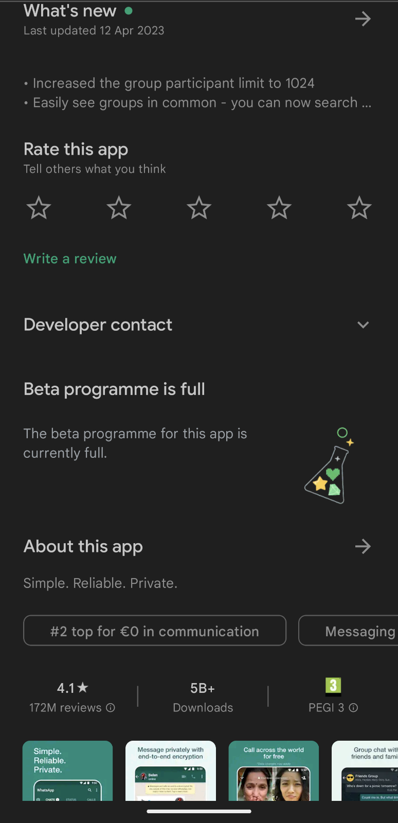 Uma captura de tela da página do WhatsApp na Google Play Store rolou até a seção do programa beta.  A seção exibe uma mensagem indicando que o programa beta está cheio.