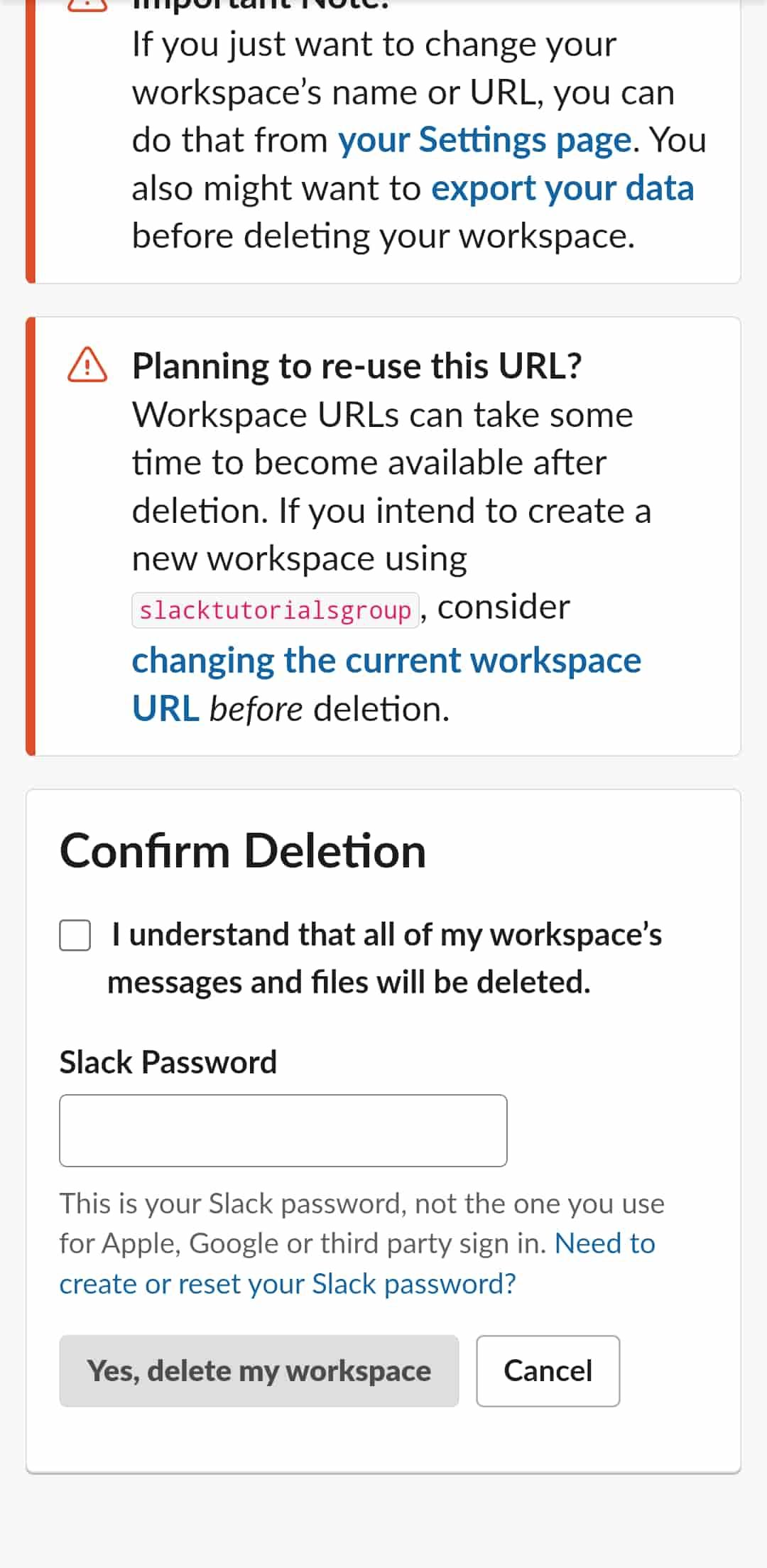 Workspace deletion confirmation webpage on Slack