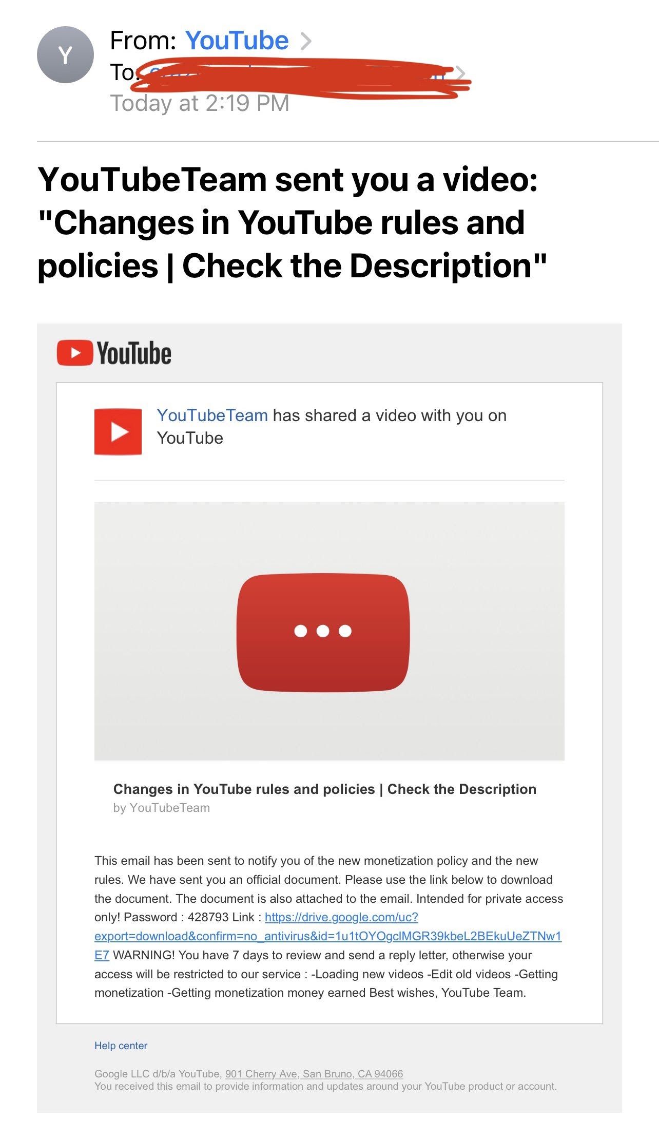 e-mails de phishing do canal do youtube