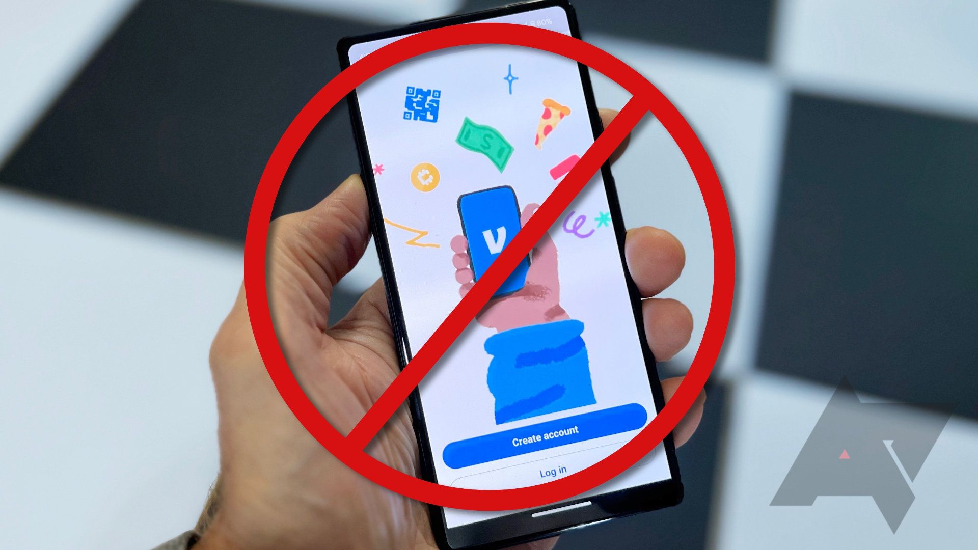 A do not symbol appears above a hand holding a smartphone with the Venmo app open.