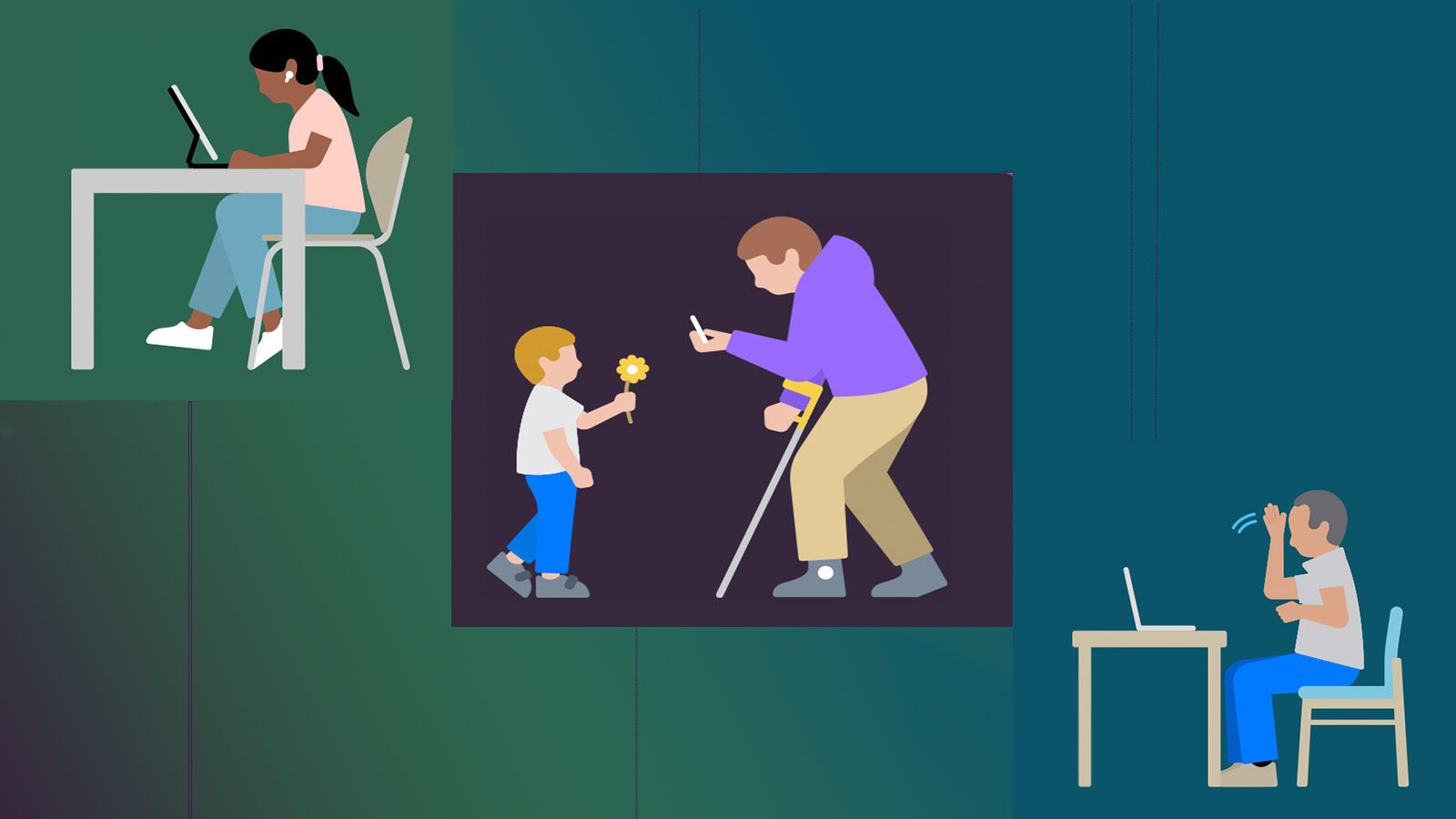 Illustration of a person wearing assistive hearing device at a computer, a person with a forearm crutch taking a photo, and a person speaking to colleagues using ASL.