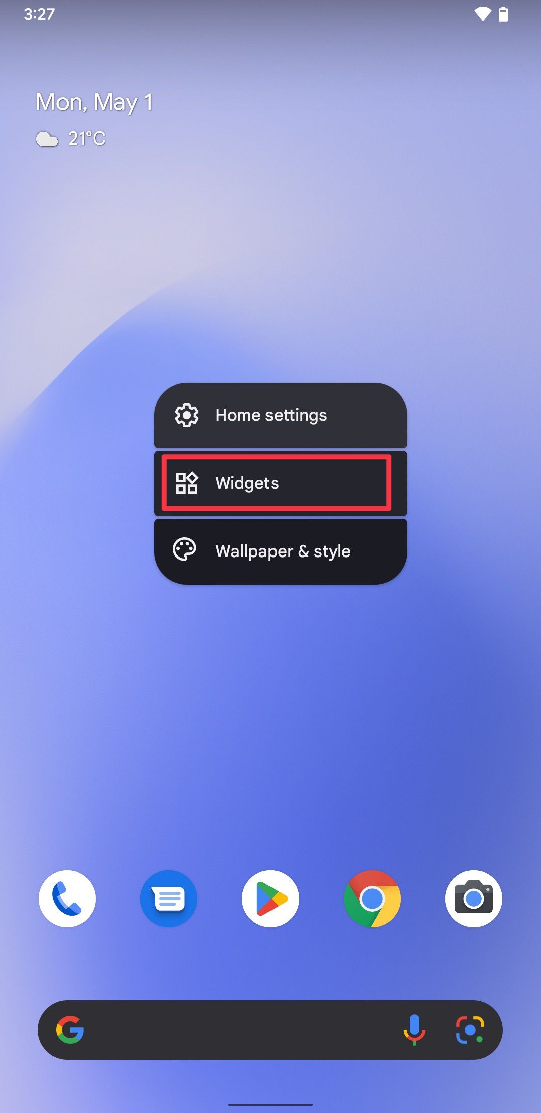 Long press on home screen and select widgets