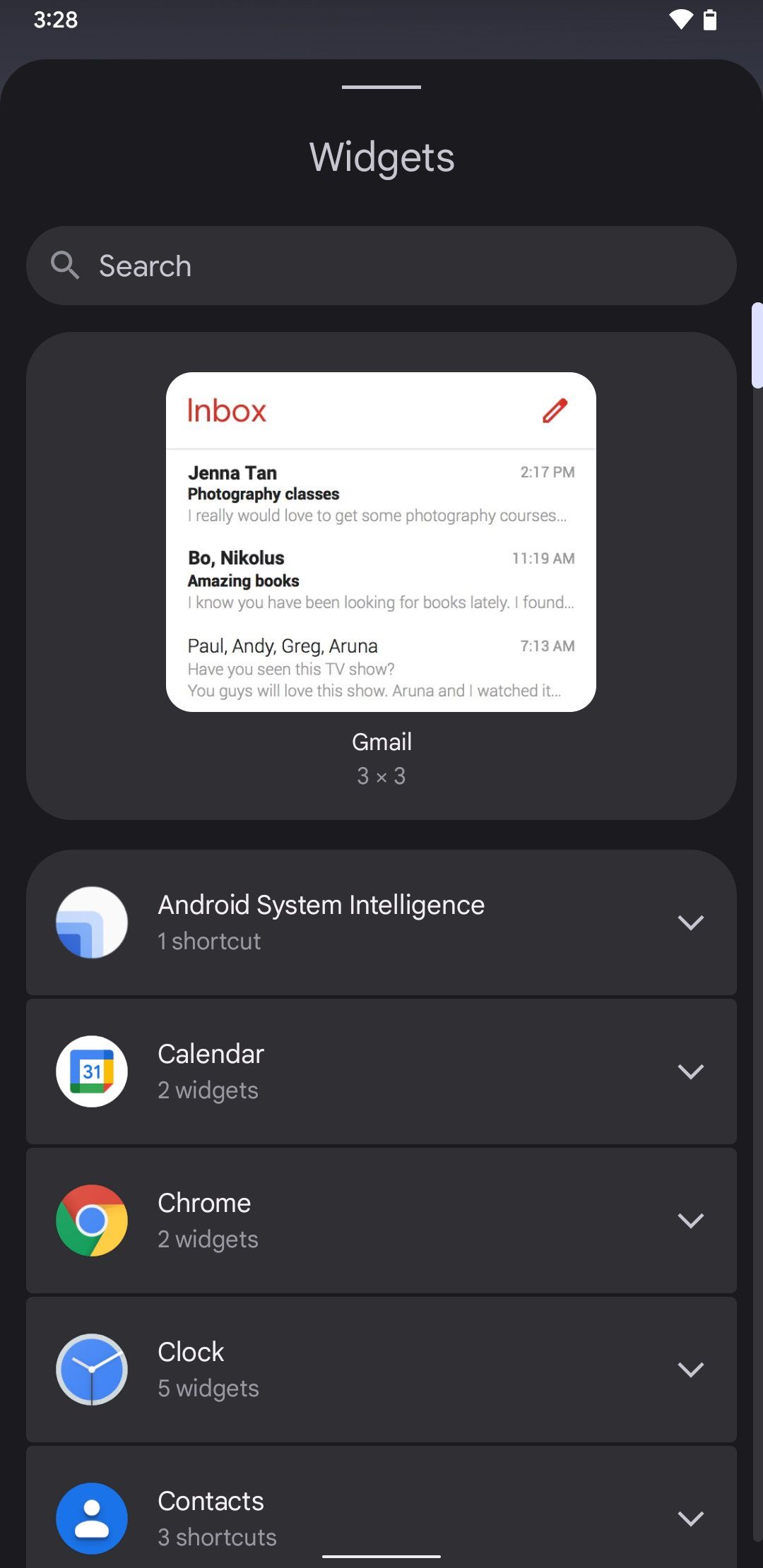 Android widgets panel screenshot