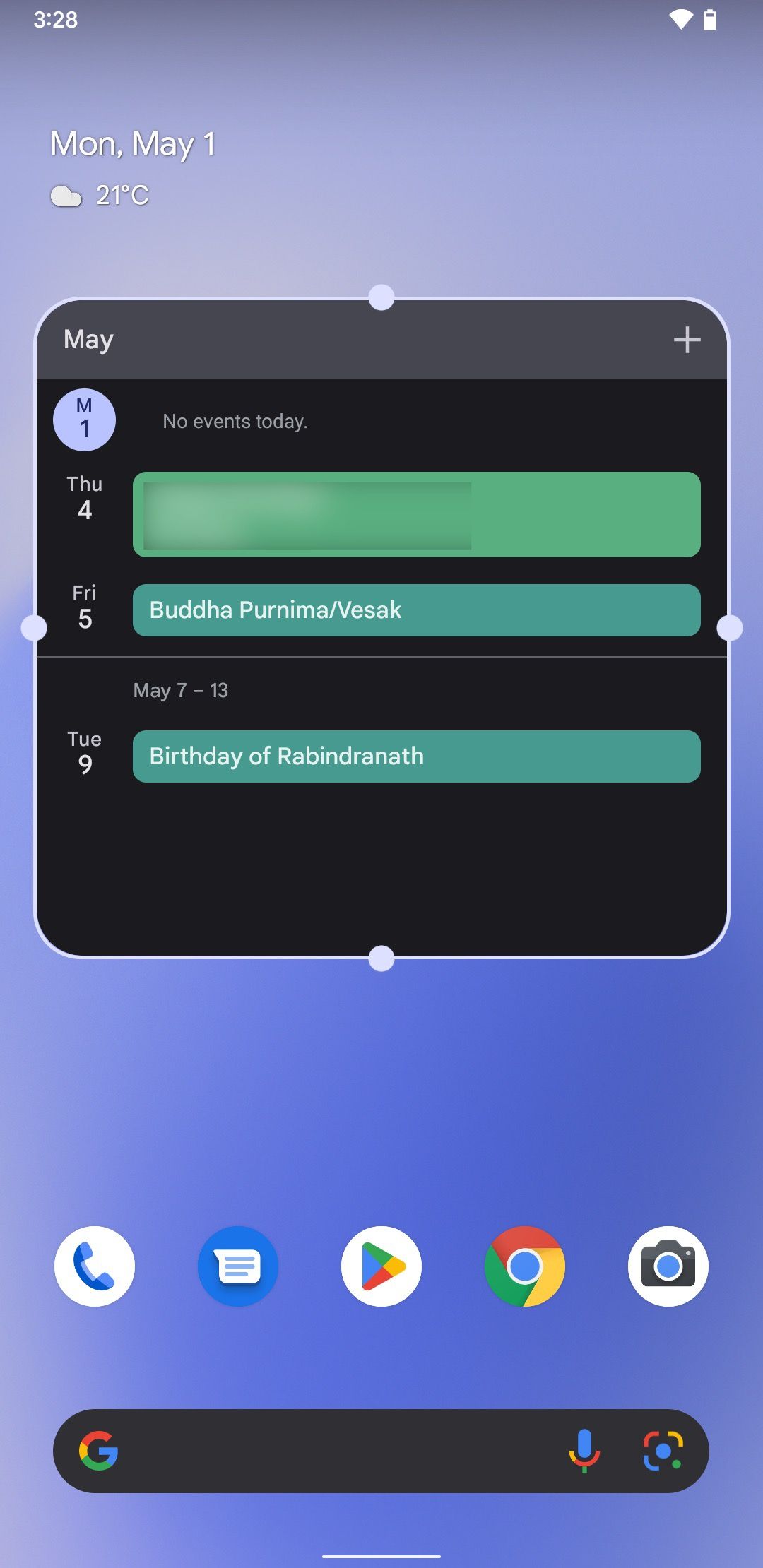 Android calendar widget added to home screen