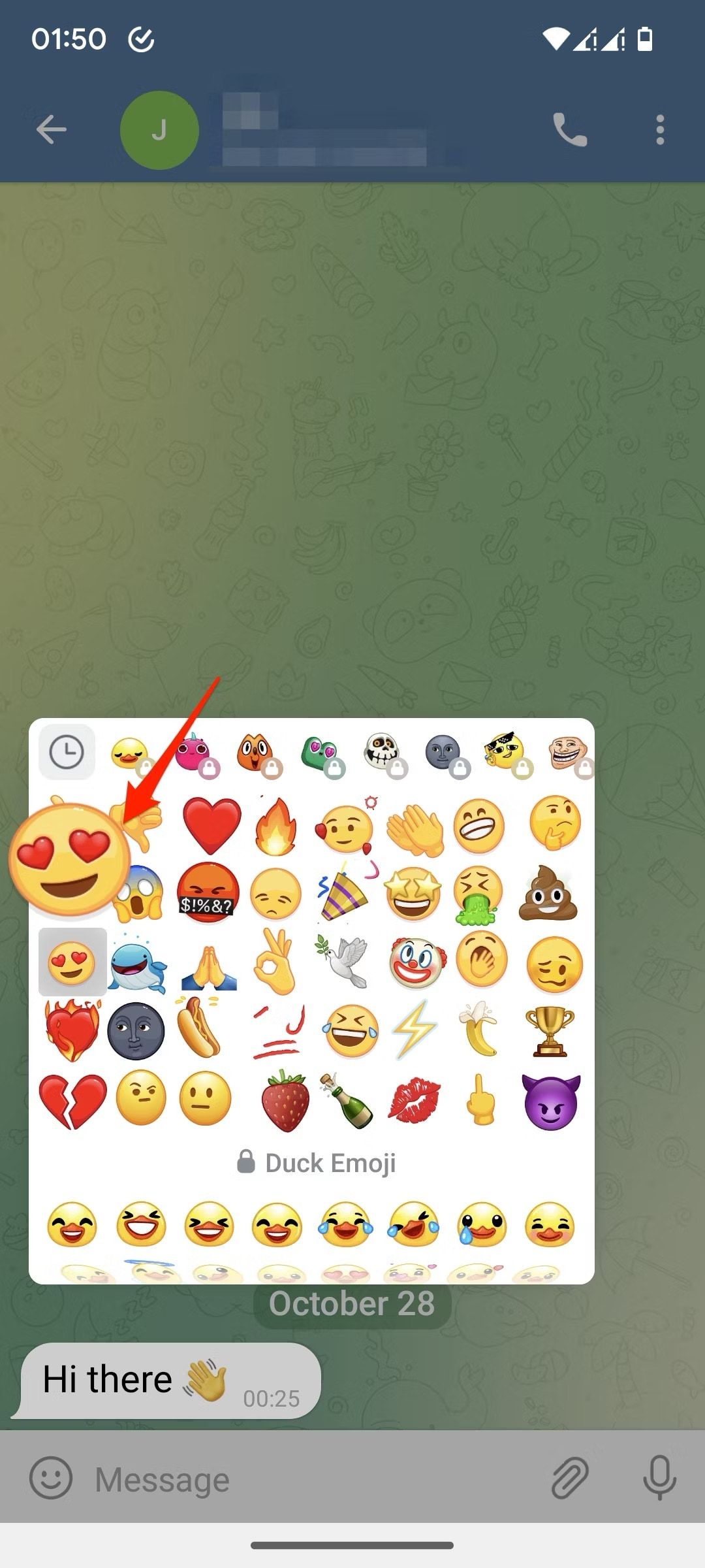 Telegram screenshot showing long-pressing on emoji for adding animation