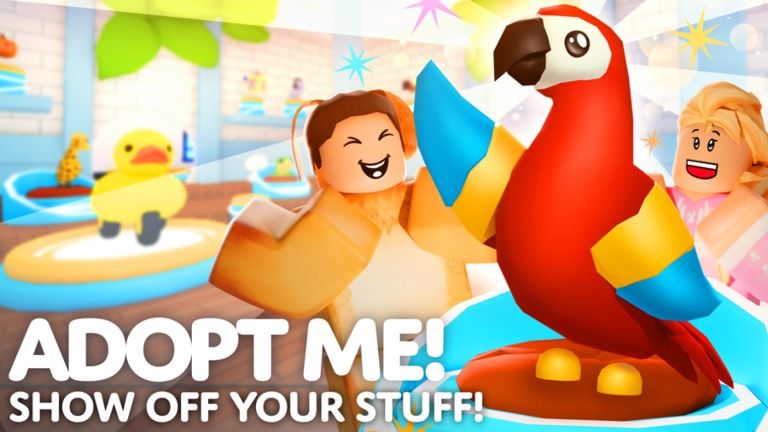 Roblox game poster of Adopt me ! with white text