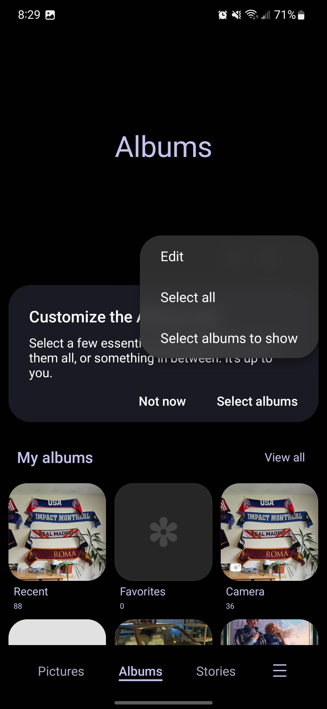 The Albums tab in Samsung Gallery app with the options expanded