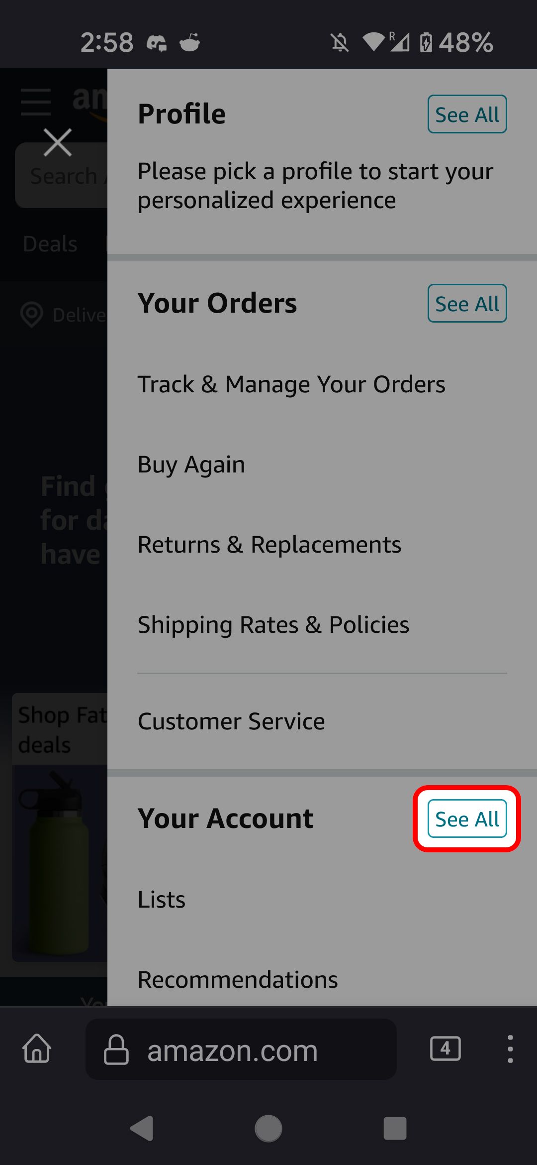 Amazon mobile profile menu highlighting the Your Account See All option