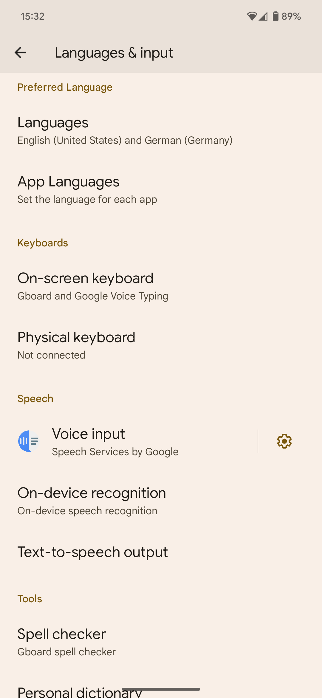 Screenshot of Android 13's combined Language & input system settings