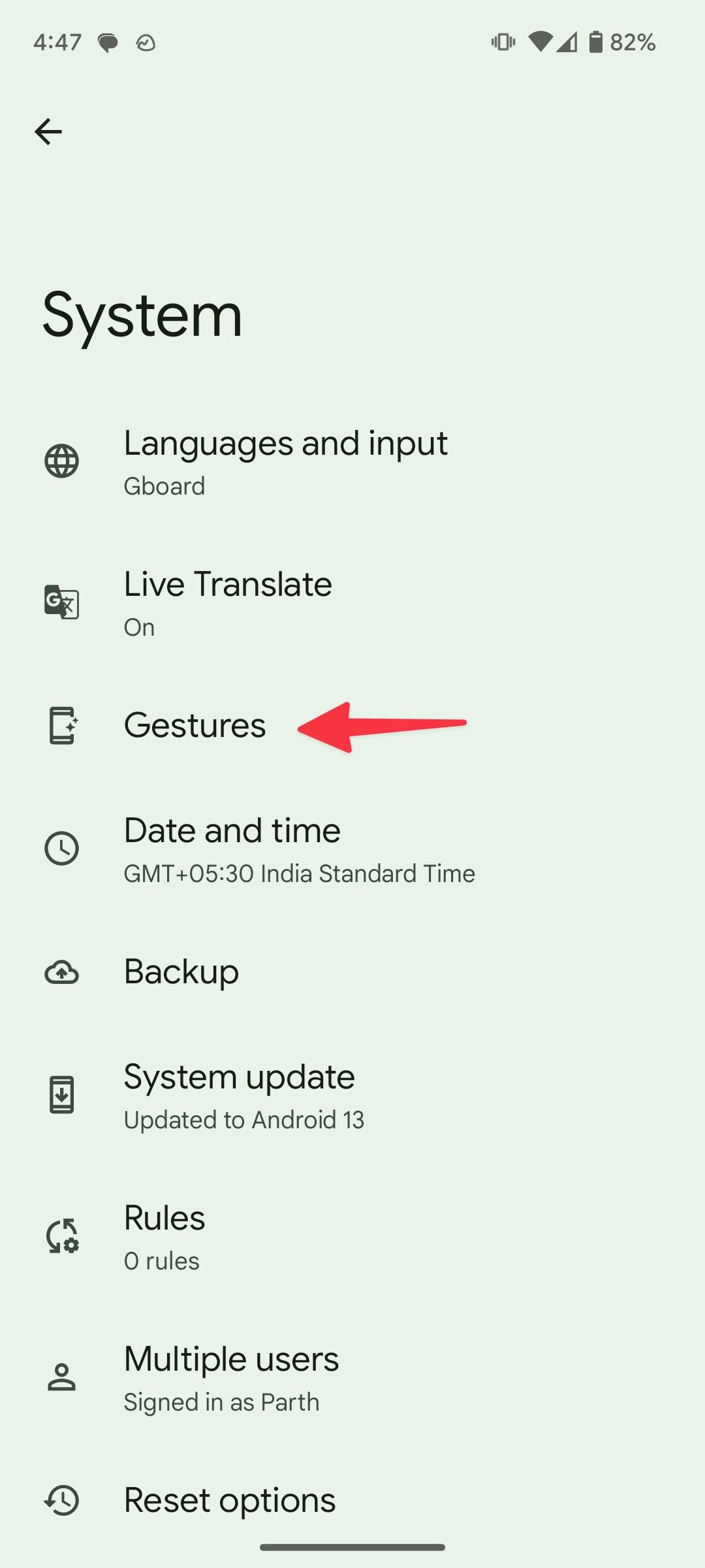 gestures menu in Android
