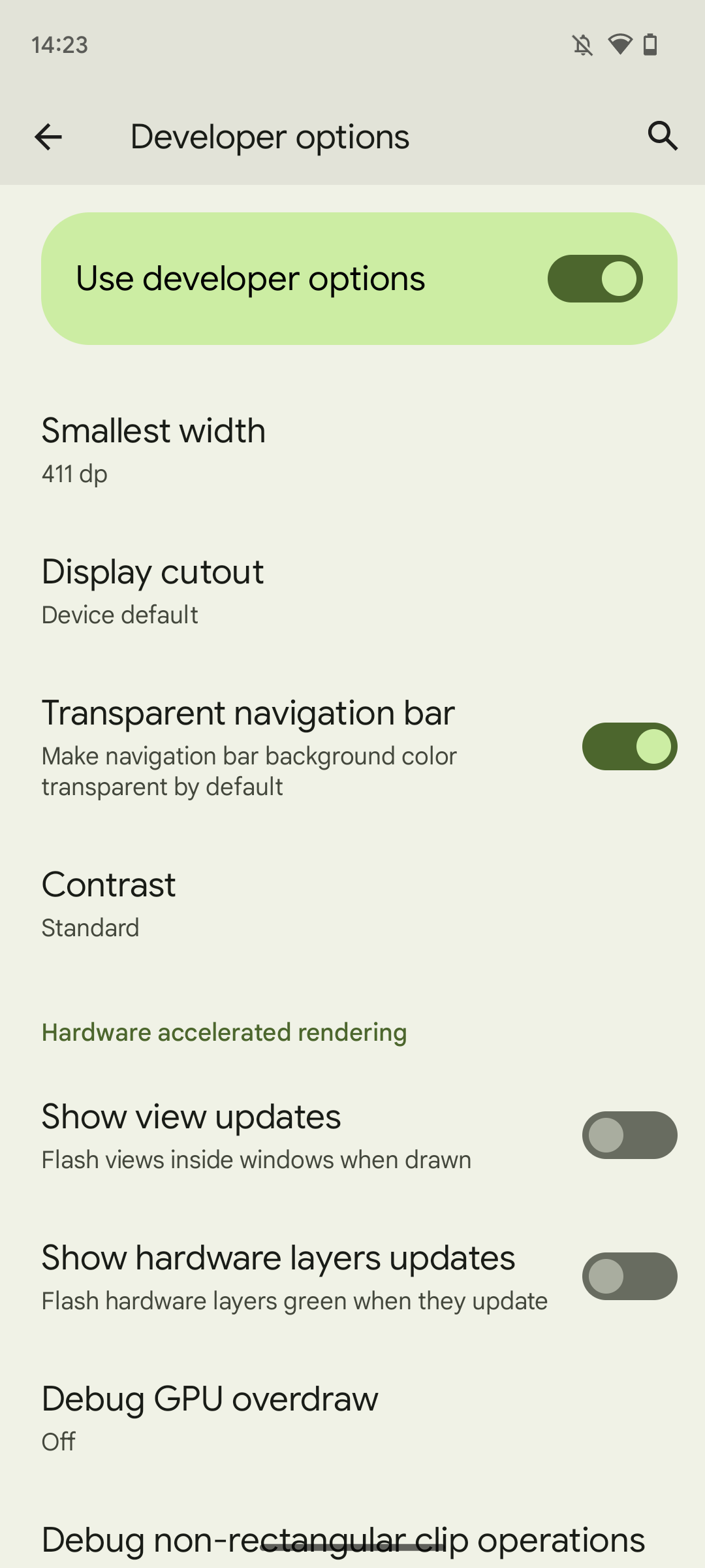Screenshot showing Android 14's developer options with the Contrast option visible