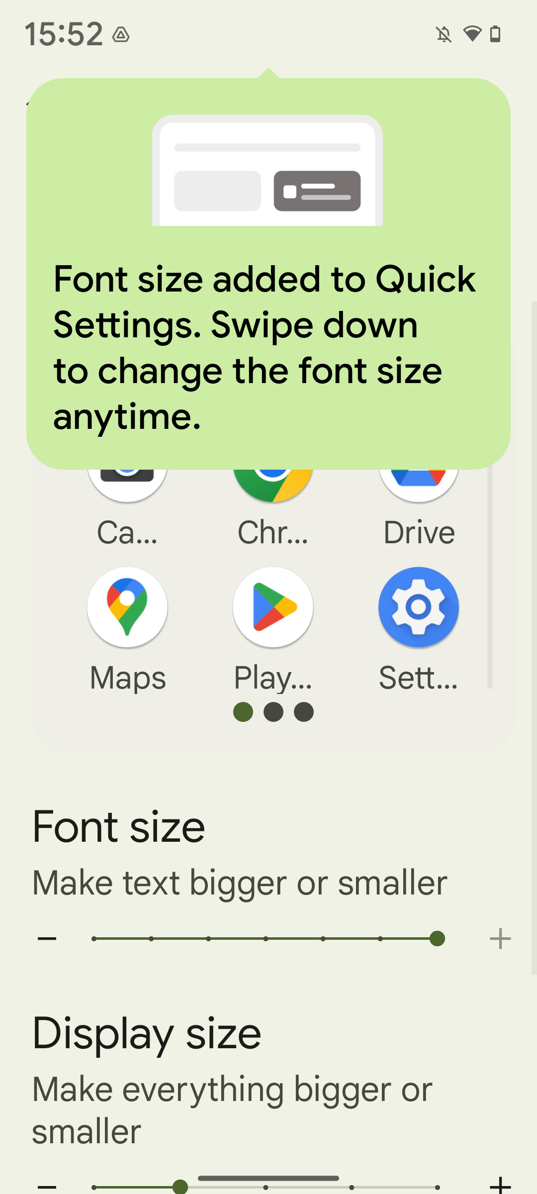 Screenshot of display system settings, with font size slider raised to the maximum and a popup telling us that we can change the font size from quick settings from now on