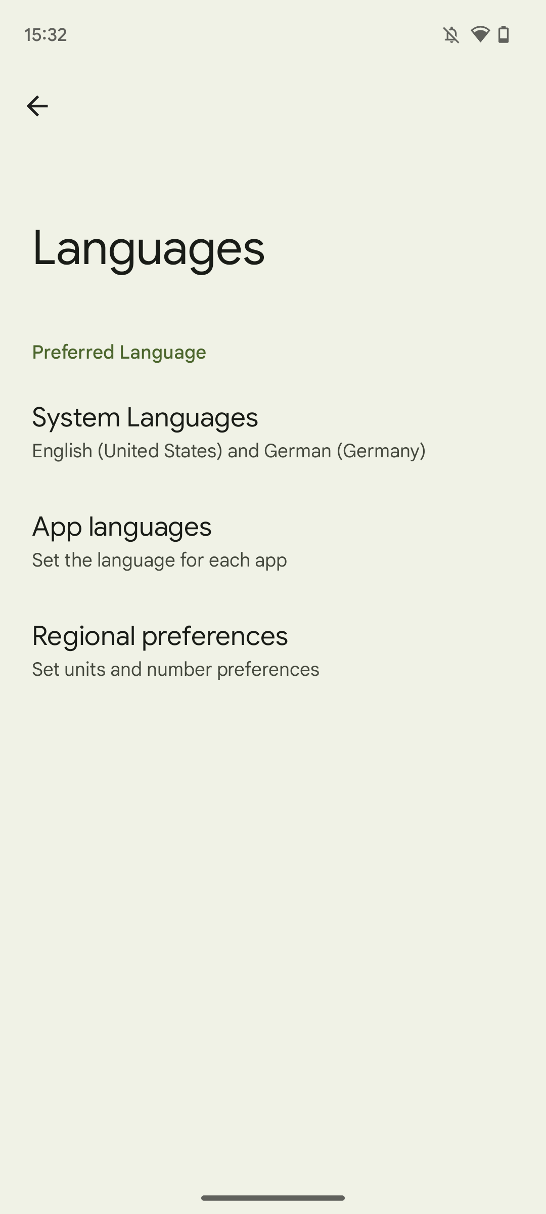 Screenshot of Android 14 Beta 2's new standalone Languages system settings section