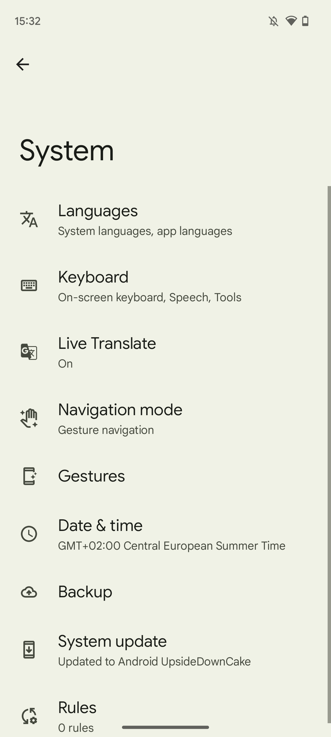 Screenshot of Android 14 Beta 2's System settings section, showing the new separated Languages and Keyboard menu entries