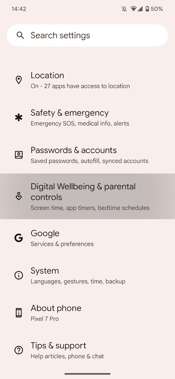 captura de tela do menu de configurações do Android