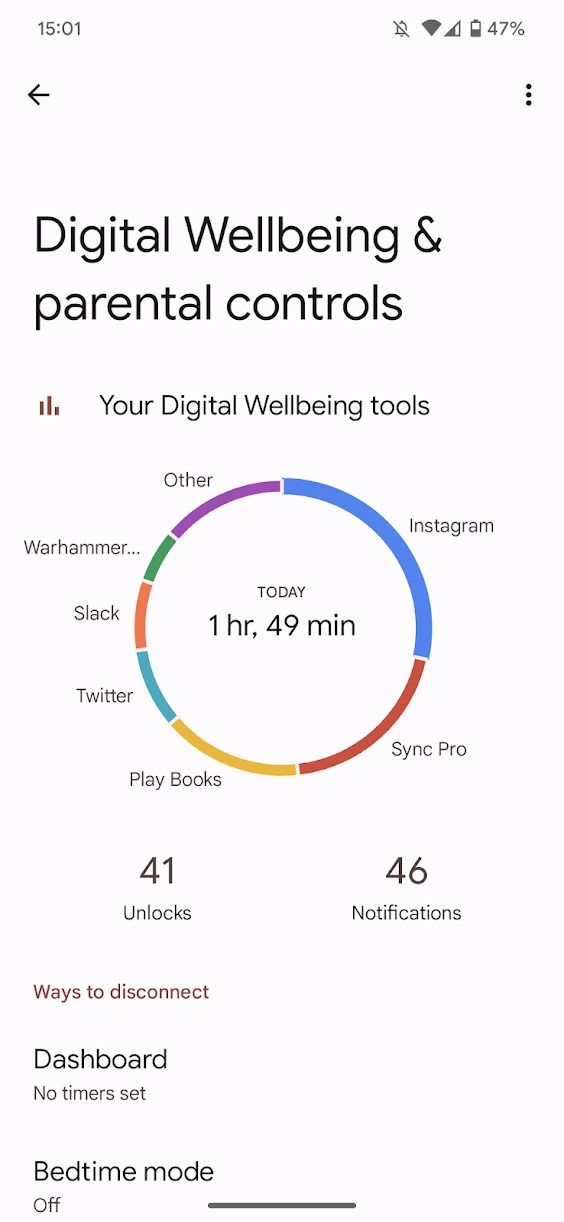 captura de tela das configurações de bem-estar digital no Android