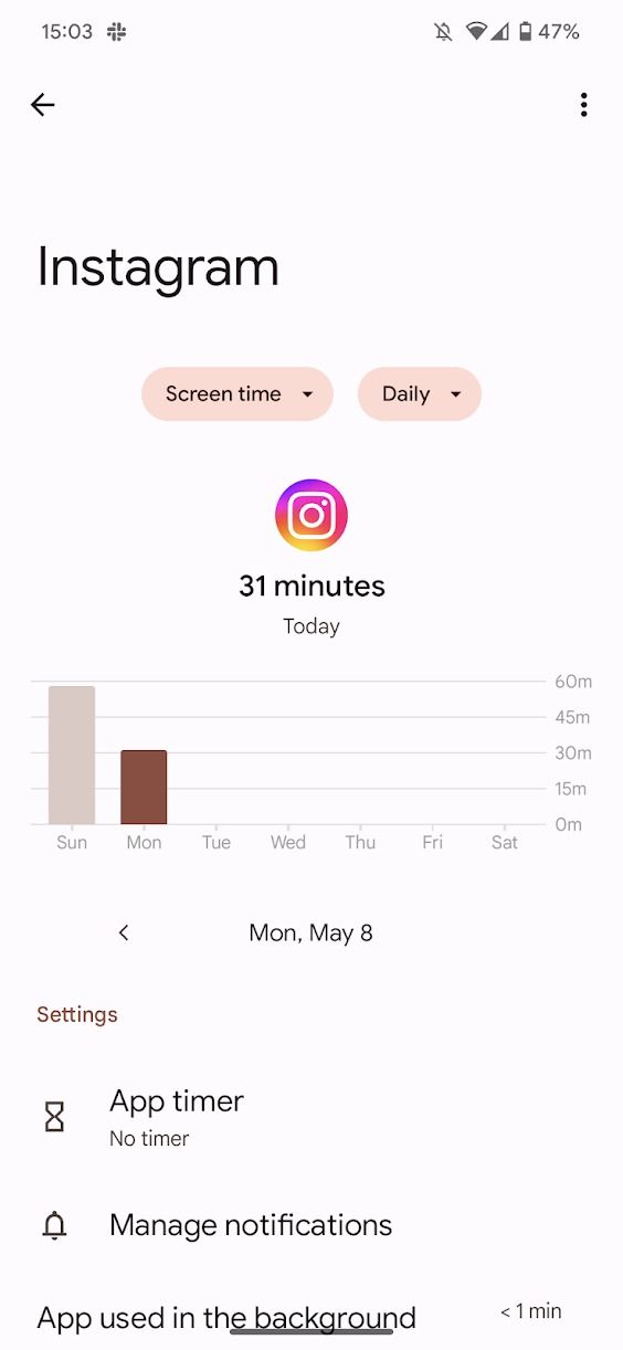 captura de tela do uso do tempo de tela para o aplicativo instagram