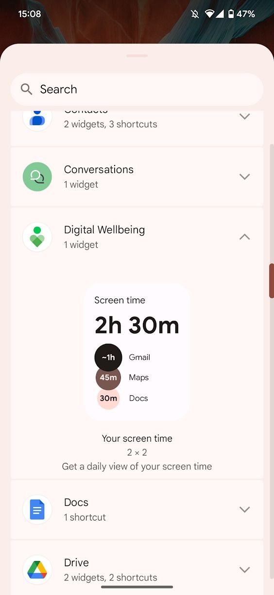 captura de tela das opções do widget no Android