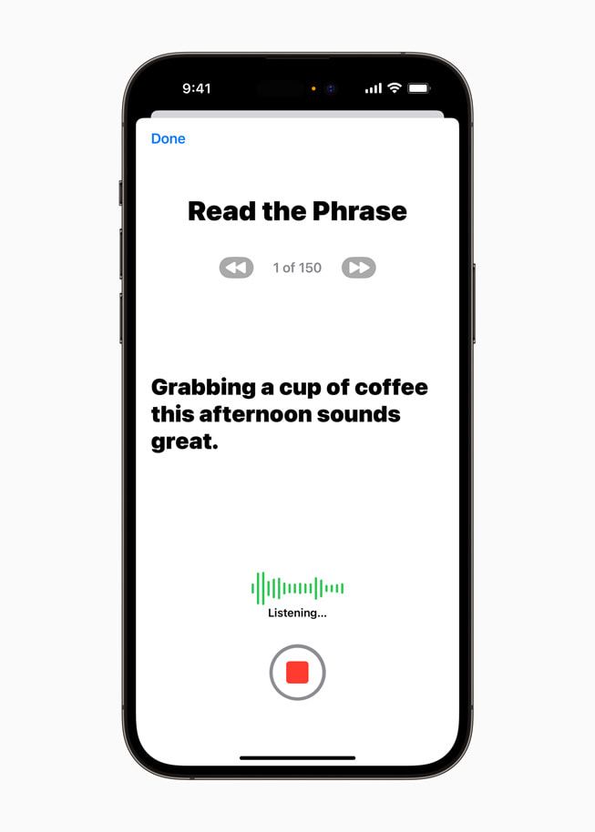 An iPhone display with the Personal Voice training model on the display. The headline states "Read the Phrase." 