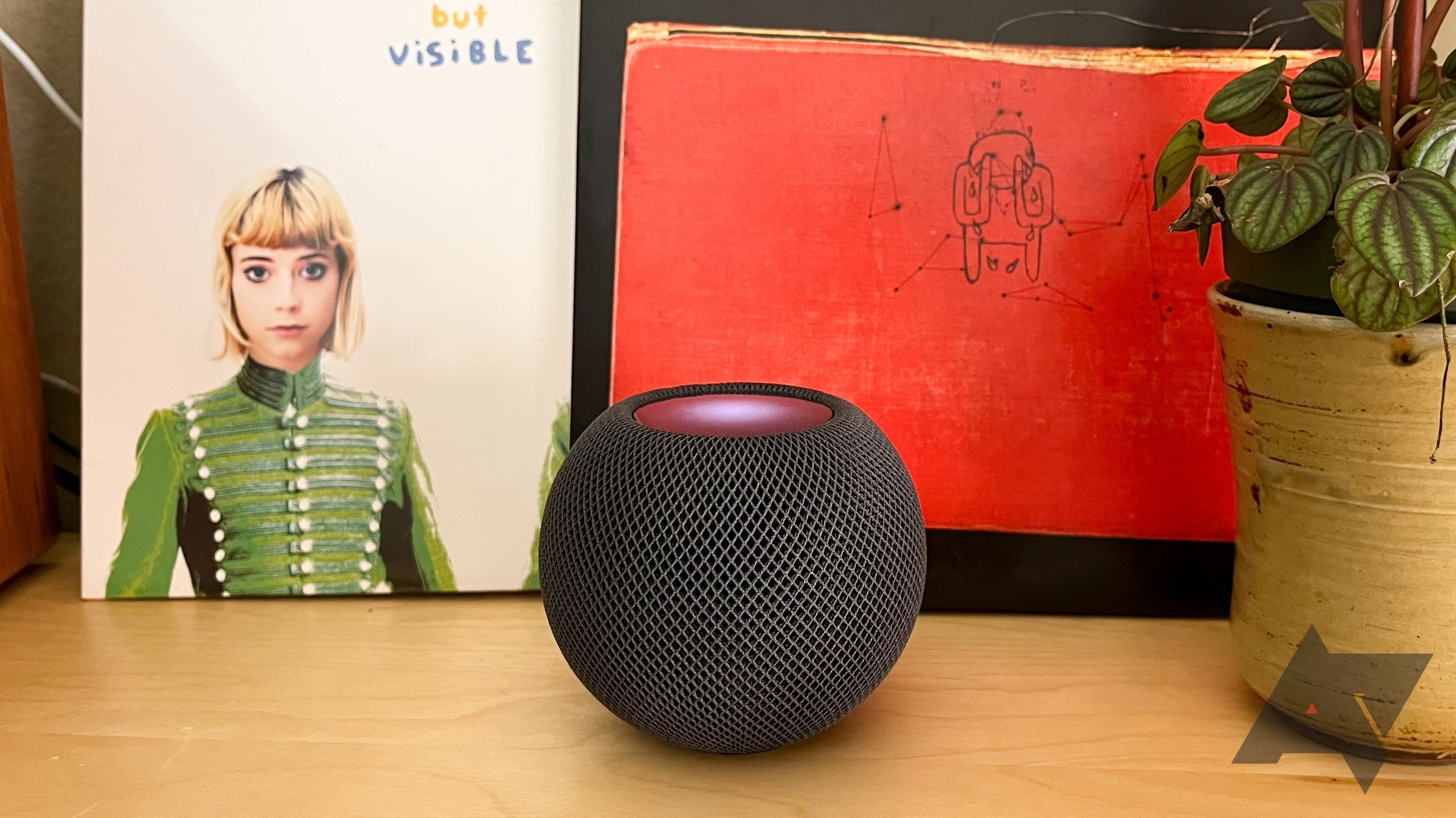 Apple HomePod mini set on a table with vintage record, art, and a plant