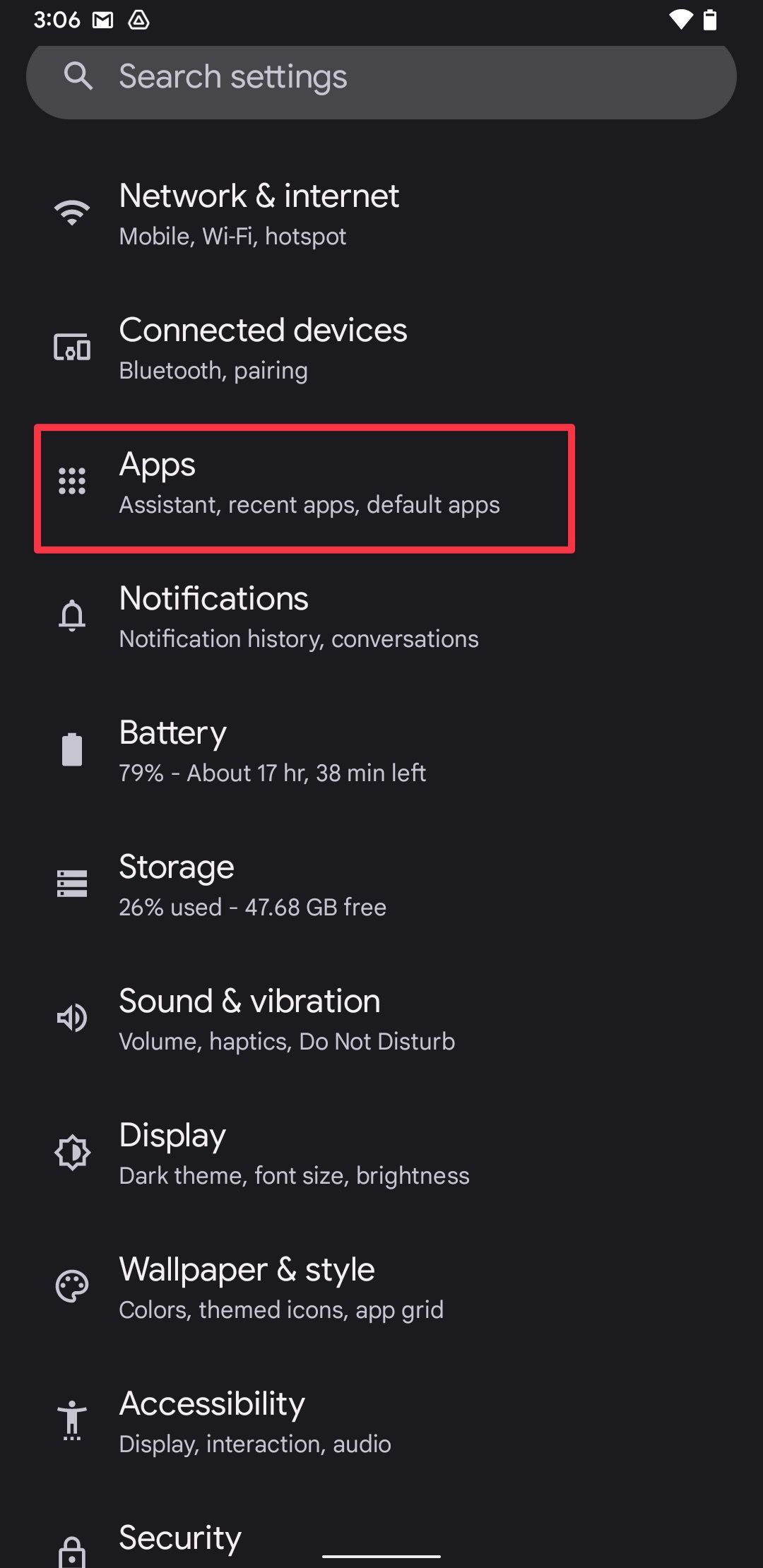 Android settings app screenshot showing Apps option