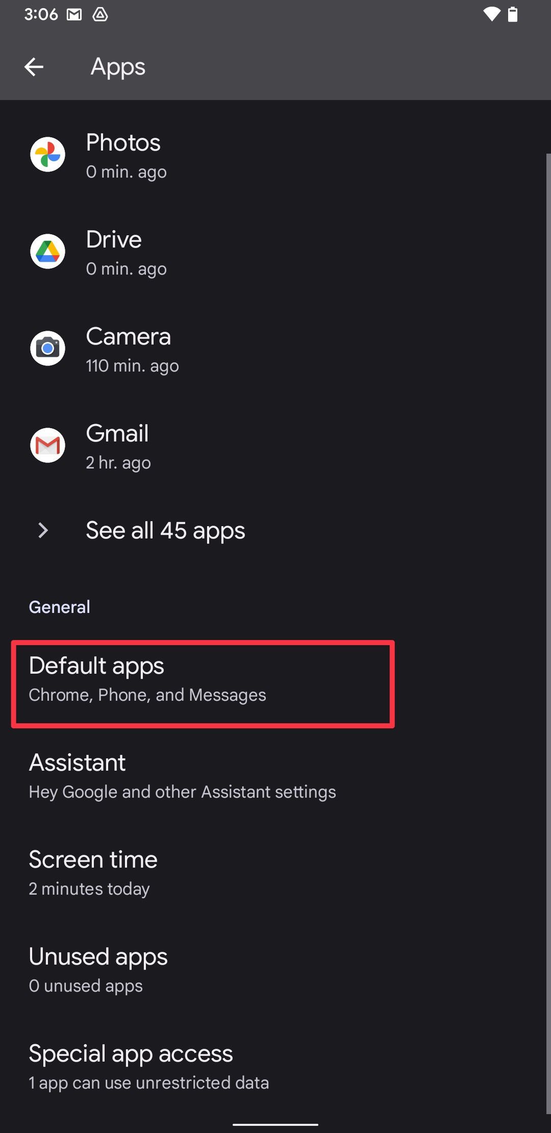 Android Settings app screenshot showing Default apps option